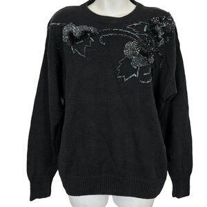 Sarit Women's Black Beaded Sequin Vintage Long Sleeve Formal Evening Sweater M